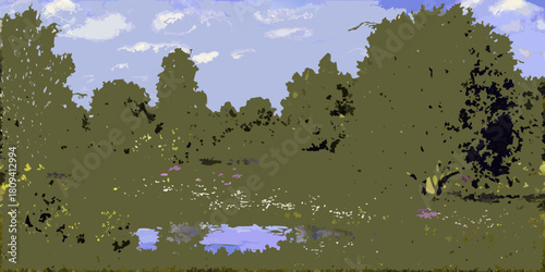 Painterly landscape scene with trees pond and sky with clouds