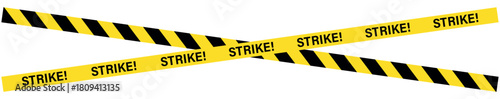 Two crossed yellow strike tapes with black stripes and strike text on a plain white background, caution tape