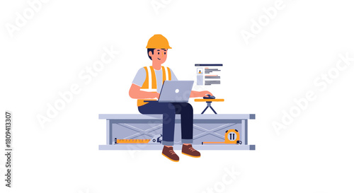 Construction worker with laptop on scaffolding, reviewing project plans and blueprints on a computer screen