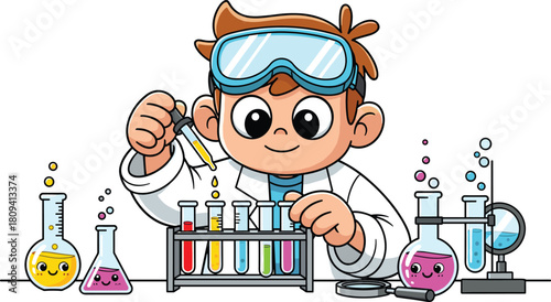 Cute cartoon kid scientist experimenting with colorful test tubes and beakers, fun chemistry lab illustration perfect for STEM education, science learning themes