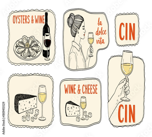 Illustration of collection of vintage wine and food labels featuring oysters, cheese, and elegant wine glasses, capturing the essence of la dolce vita isolated on white background