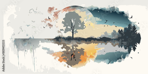 Watercolor landscape with tree reflection in lake birds in the sky and moon