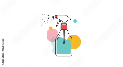 Simple illustration of a clear spray bottle with a red nozzle for cleaning or disinfecting.
