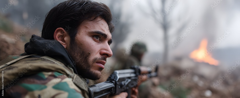 Fototapeta premium Rising rebel storms shake up security landscapes like wild winds in conflict zones.