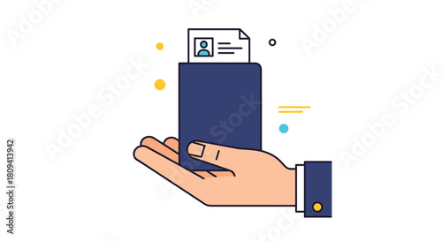 Hand holding out an identification card or passport for verification and security purposes.