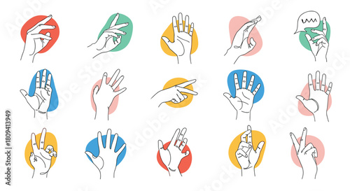 Colorful collection of various hand gestures for non-verbal communication and sign language.