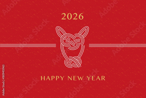 紅白のシンプルな水引モチーフのポストカード（午年）