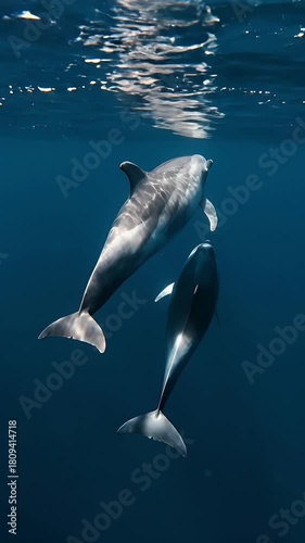 Underwater Footage Two Dolphins Playful Swimming in Deep Blue Ocean Sunlight