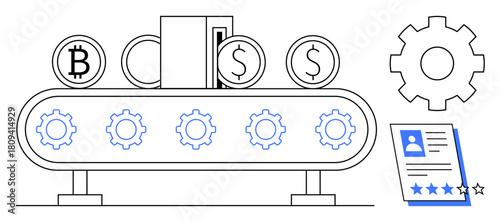 Coins with cryptocurrency and dollar signs on a conveyor belt featuring gears, accompanied by a profile document and cog wheel. Ideal for finance, technology, automation, blockchain, career