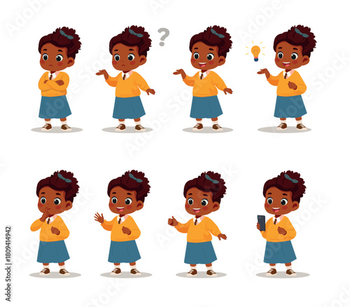 school girl expressions set vector cartoon illustration