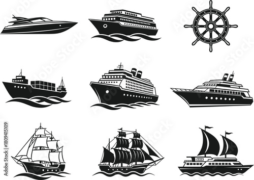 Set of various ship and boat silhouettes, cruise, yacht, sailing, transport, nautical travel, isolated black vector illustration collection