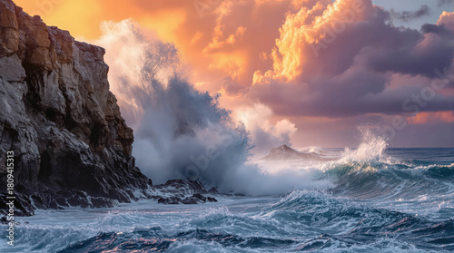 Fototapeta Naklejka Na Ścianę i Meble -  Powerful ocean wave crashing against dramatic rocky cliff during stormy sunset with turquoise water and golden sky