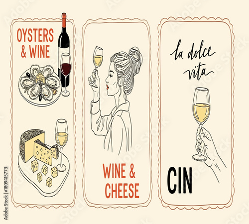 Illustration of collection of vintage wine and food labels featuring oysters, cheese, and elegant wine glasses, capturing the essence of la dolce vita isolated on white background