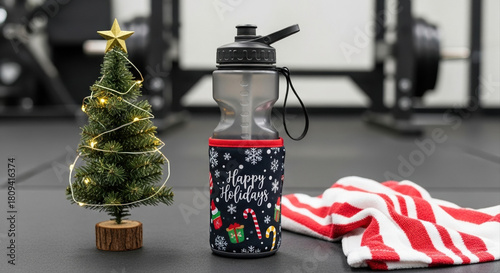 Sport bottle with festive sleeve cover on gym mat. Small decorated tree and towel arranged around it. prepared Festive protein shake bottle with blender, gym setting, Chris