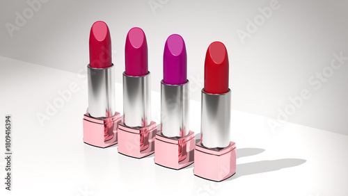 Trendy lipstick collection red, raspberry, pink, coral shades in gold tubes, set Luxurious lipsticks, elegance and beauty in cosmetics 3d render