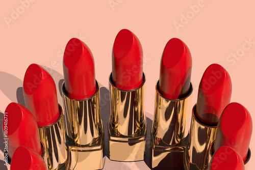 set Luxurious golden lipsticks scattered on light background, elegance and beauty in cosmetics, Beauty industry glamour, 3d render
