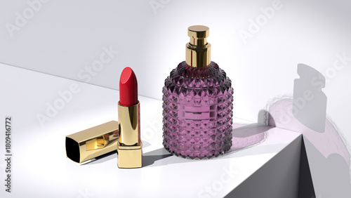 Beautiful lipstick, ribbed perfume bottle, mockup for designers, great for designers to present fragrance packaging concepts in refined way, 3d render