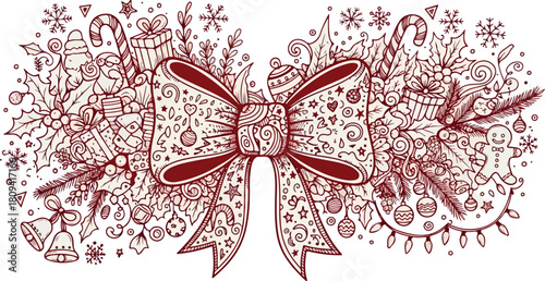 Festive Christmas Decoration with Bow and Ornament Doodle Art for Holiday Celebrations and Winter Season Greetings Featuring Gifts and Festive Elements