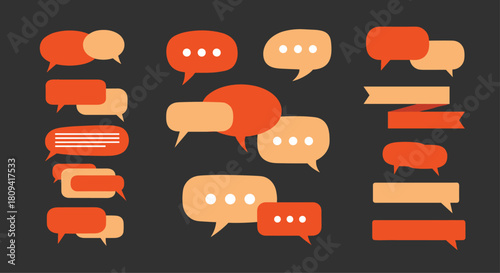 Collection of various orange speech bubble icons for text chat messages and communication.