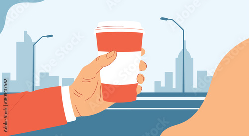 A hand holds a takeout coffee cup against a blurred city background representing a busy morning.