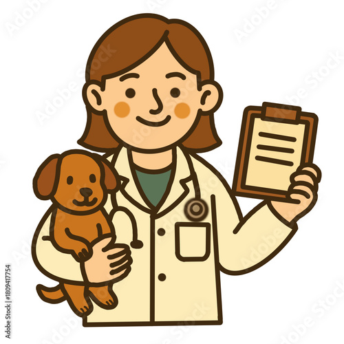 Hand draw cute veterinarian holding puppy and clipboard illustrationH
