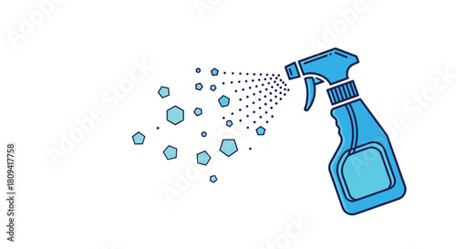 Blue cleaning spray bottle disperses a fine mist of water or disinfectant into the air.