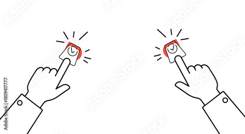 Set of two hand pointer icons showing a finger clicking a red push button with an outline style.