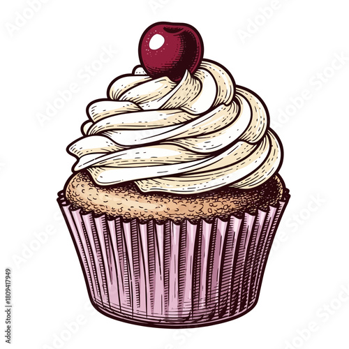 Vintage Cupcake Illustration: Hand-Drawn Cherry Frosting Dessert Graphic