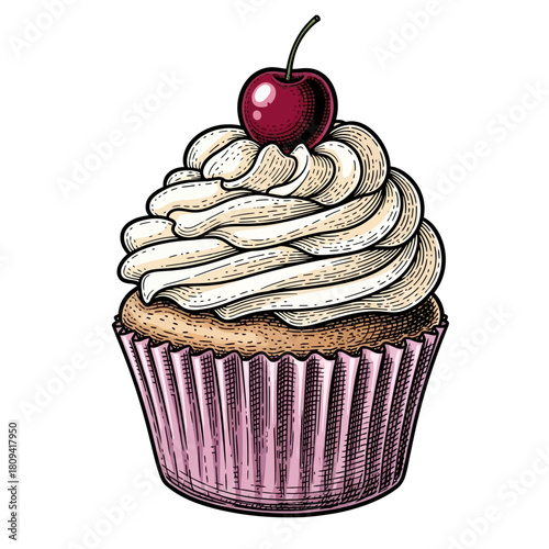 Vintage Cupcake Illustration: Hand-Drawn Cherry Frosting Dessert Graphic