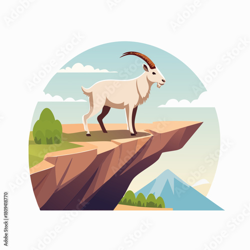A majestic goat stands proudly on a rocky cliff overlooking a scenic mountain landscape.