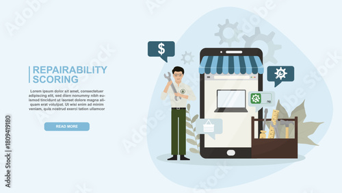 Repairability Scoring and Online Tool Shop. Digital repairability scoring and appliance maintenance. large smartphone store, repair kit, and tool/evaluation icons. Flat style. Vector illustration