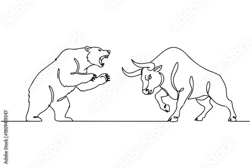 Bear vs Bull Line Art – Stock Market Fight Illustration