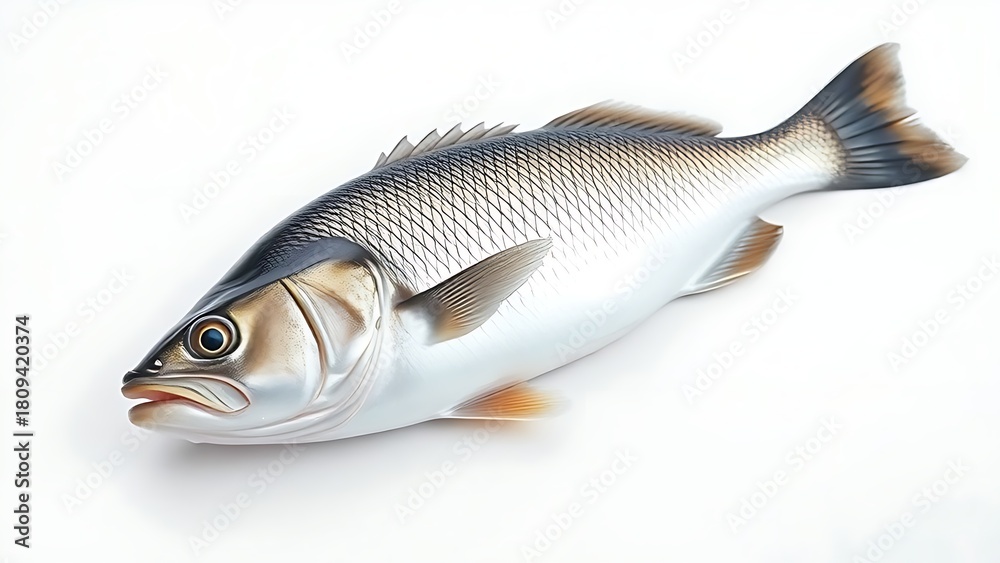 Fototapeta premium seabass. Fresh sea bass displayed on a white surface, highlighting detailed scales and texture under even lighting. menu design.