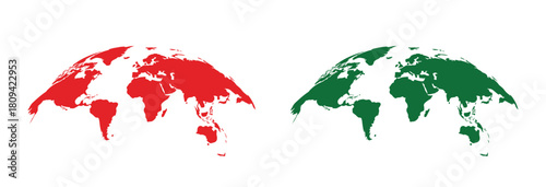 Two world maps in red and green isolated on global map illustration with continents and countries earth map for geography and travel