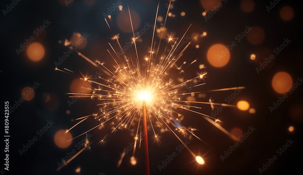Obraz premium Close up sparkler with festive lights New year background