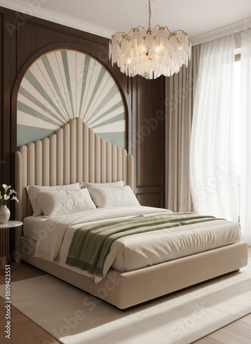 Elegant Bedroom Interior with Arched Headboard and Fluted Wall Panels Design