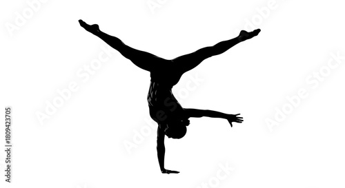 Dynamic silhouette of a flexible acrobat performing a handstand split on a seamless white background for fitness, strength, and wellness projects