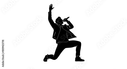 Dynamic silhouette of a male singer performing live with passion and energy, hand raised in excitement, perfect for music events, concerts, or artist profiles