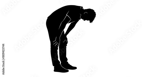 Exhausted man leaning on knees in stark silhouette, showing burnout and fatigue, health concerns, or needing recovery in a modern, minimalist style