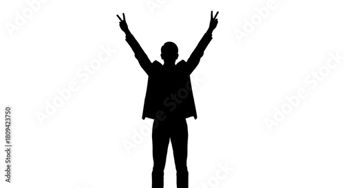 Silhouette of a confident business leader celebrating a victory with a peace sign, perfect for conveying success, achievement, and optimism