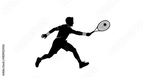 Dynamic tennis player silhouette striking ball with racket in action shot, perfect for sports marketing, fitness branding, and athletic design projects