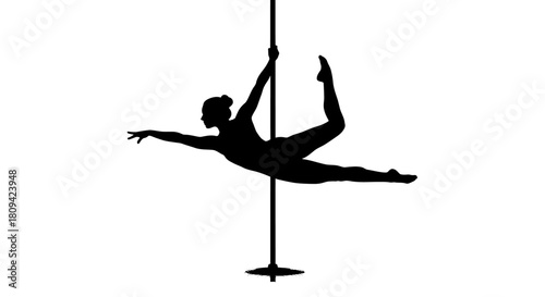 Dynamic pole dancer silhouette performing a stunning acrobatic move, showcasing fitness, flexibility, and strength in a minimalist black and white design