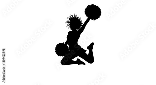 Dynamic cheerleader silhouette leaping with pom poms creates energy and excitement for sports teams and school spirit events and conveys positive attitude