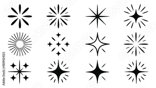 A collection of twelve different starburst and sparkle vector icons isolated on, perfect for adding a touch of magic and shine to your designs and projects