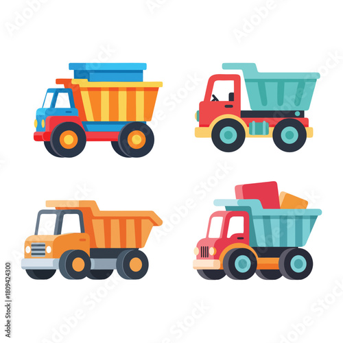 Flat colorful dump truck vector icon set