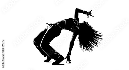 Dynamic silhouette of a dancer in motion, expressing freedom and energy with a rock and roll hand gesture, ideal for music or lifestyle brands