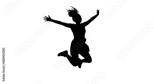 Dynamic silhouette of a woman joyfully jumping with arms outstretched against a clean white background, radiating energy and freedom for your creative projects