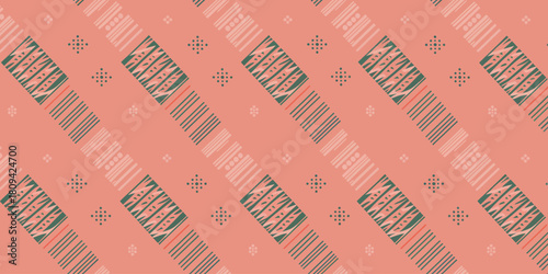 Repeating pattern with diagonal rectangles and diamond shapes on a peach colored background design style