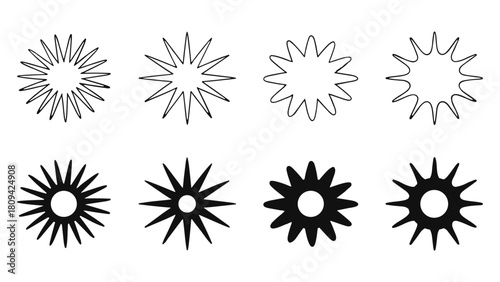 A set of eight unique sun and star vector icons isolated on, perfect for adding a touch of warmth and brightness to your designs and projects