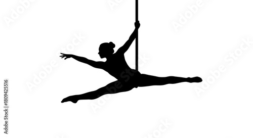 Elegant pole dancer silhouette striking a dramatic pose in mid-air, perfect for fitness blogs and dance studio promotions, conveying strength and artistry